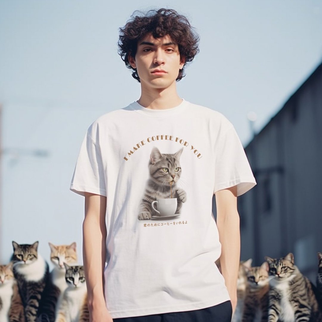 猫咪为你做咖啡系列二凡物制原创纯棉印花简约时尚男女款T恤 - 女装 T 恤 - 棉 白色