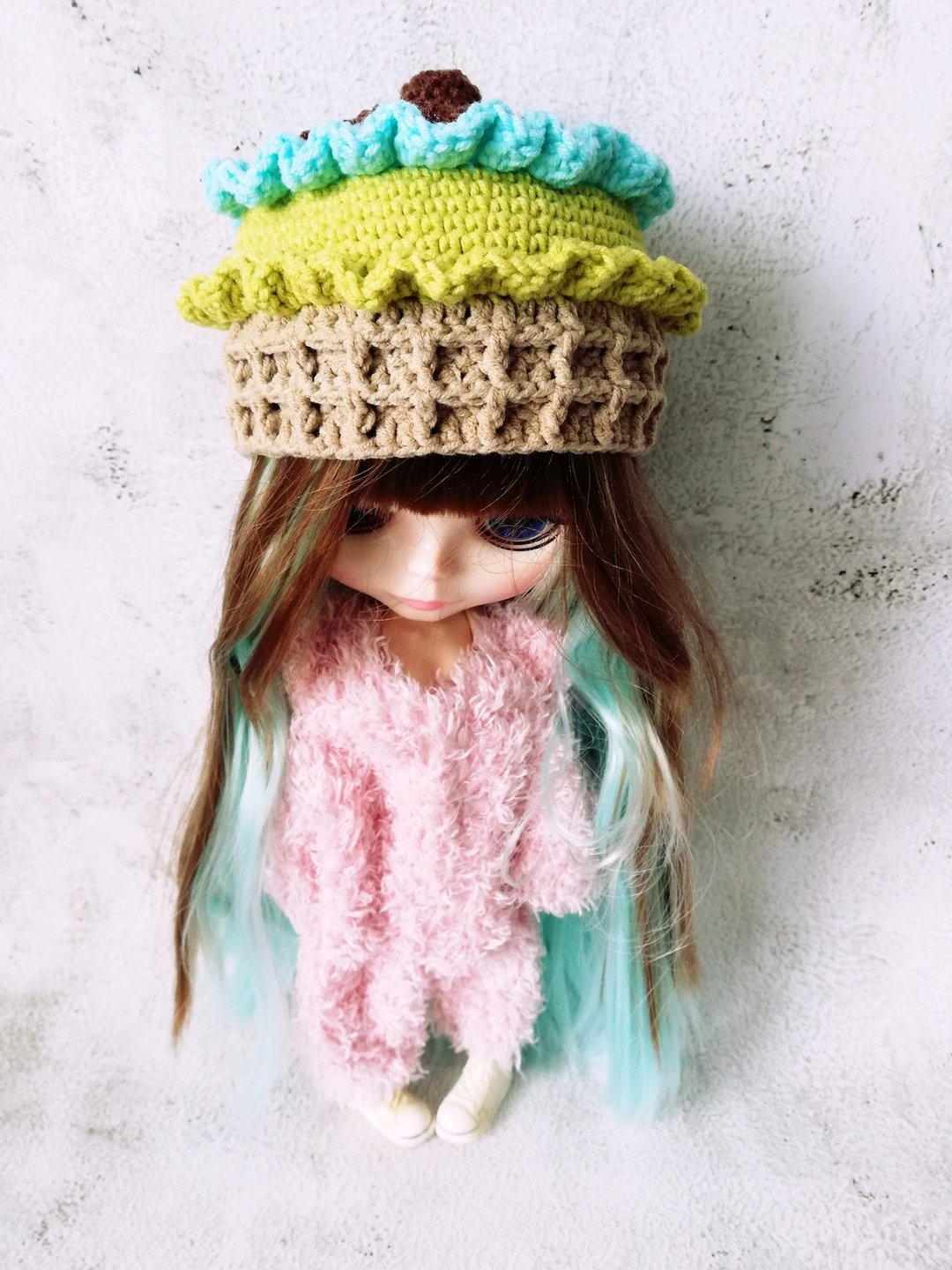 Blythe hat crochet blue green Ice Cream - 玩偶/公仔 - 棉 蓝色
