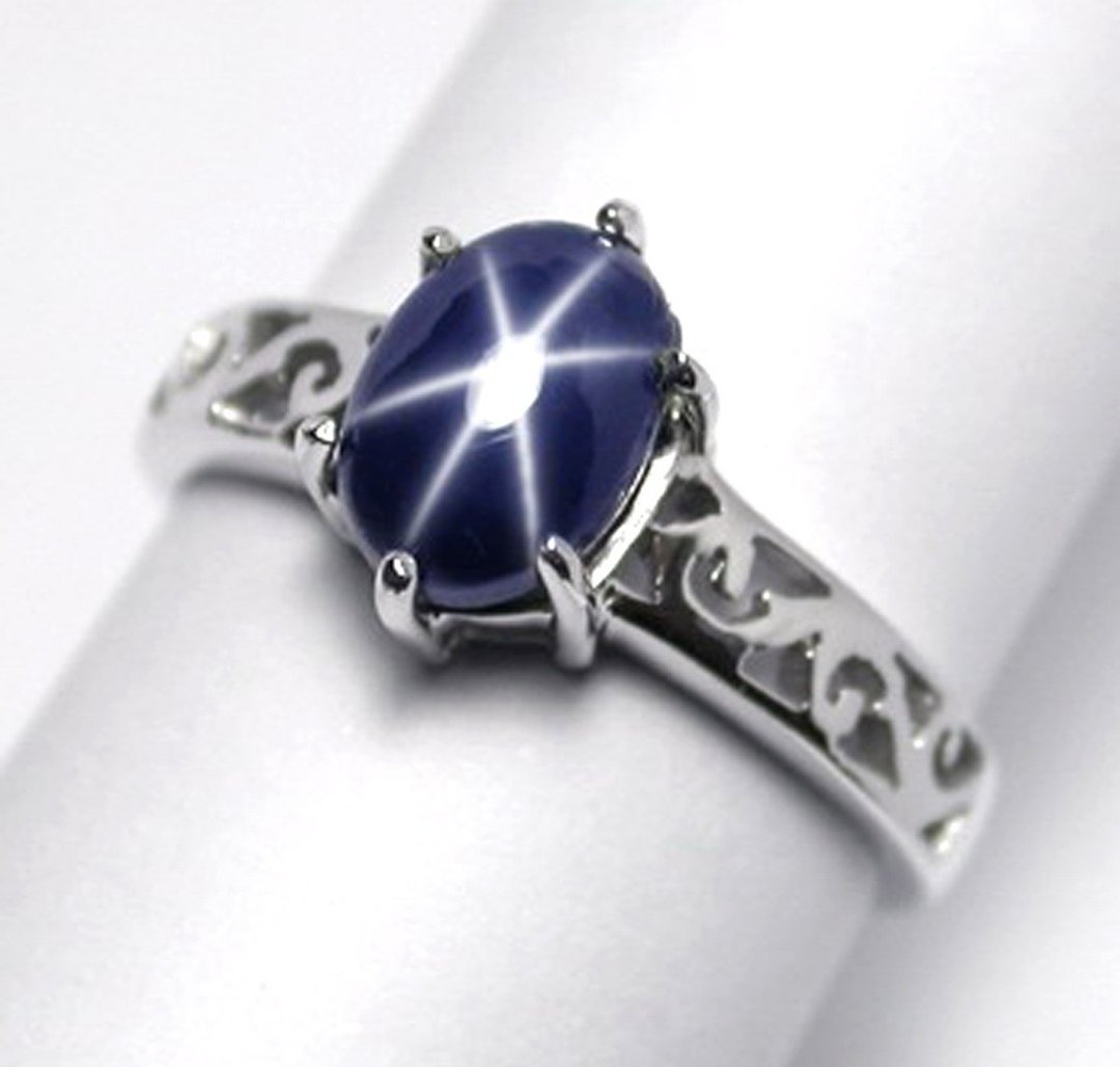 3.05 ct Natural star blue sapphier ring silver sterling size 7.0 free resize - 戒指 - 纯银 蓝色