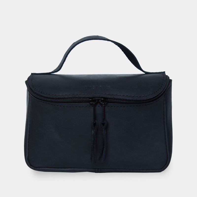 黑色复古皮革洗漱包 – 手工制作的化妆品收纳包 - 化妆包/杂物包 - 真皮 黑色