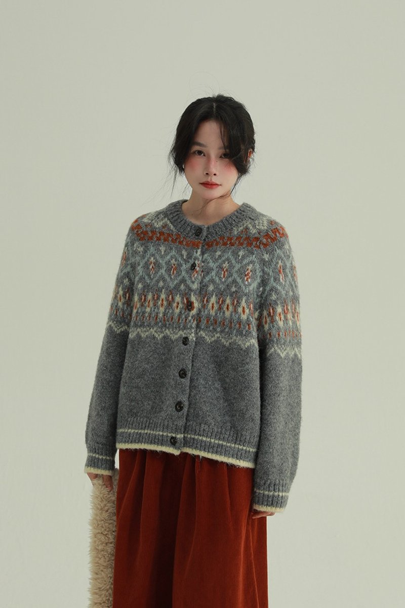 3顏色 冬雪 費爾島毛衣 復古文藝聖誕氛圍感休閒針織開衫 - 女装针织衫/毛衣 - 其他人造纤维 灰色