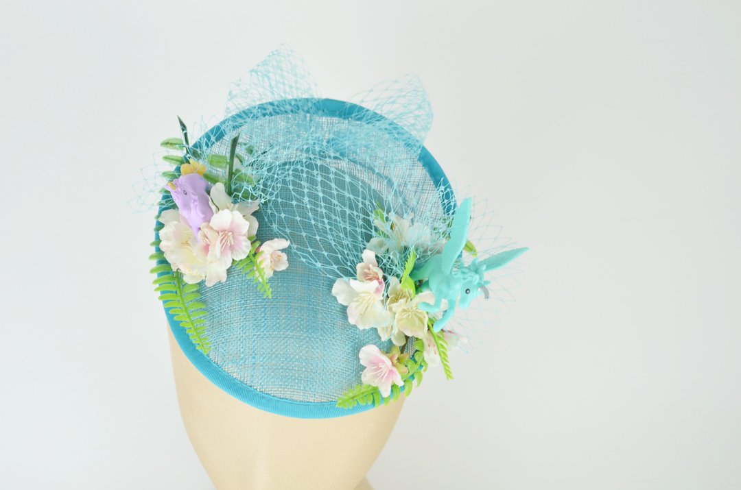 Dipped Sinamay Hat Headpiece in Blue with Unicorn, Cascading Flowers and Veil - 帽子 - 其他材质 蓝色