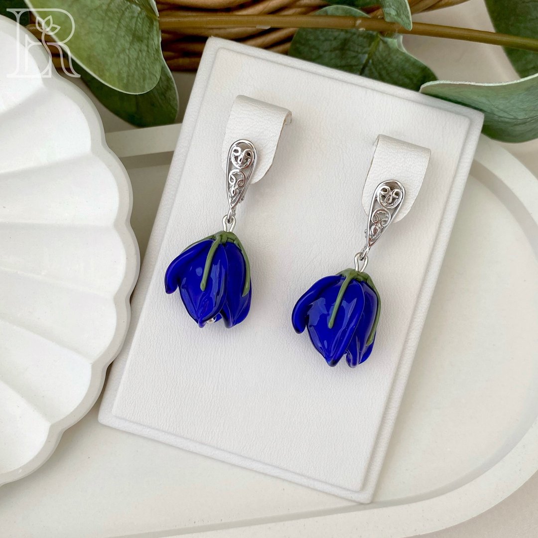 OOAK Silver Murano Glass Fall Earrings / Drop Dangle Murano Glass Beads Jewelry - 耳环/耳夹 - 纯银 蓝色