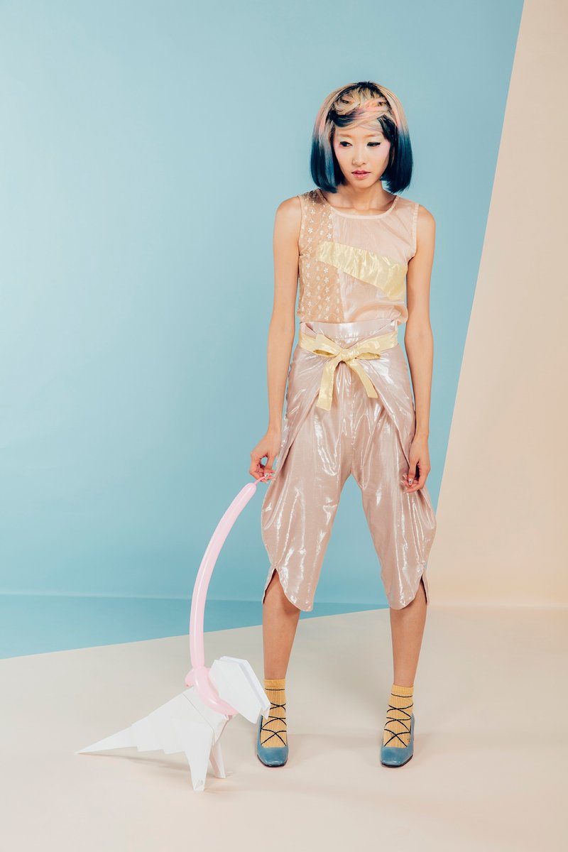 moi non plus 糖果纸蝴蝶结绑带裤 - 粉 - 女装长裤 - 聚酯纤维 粉红色