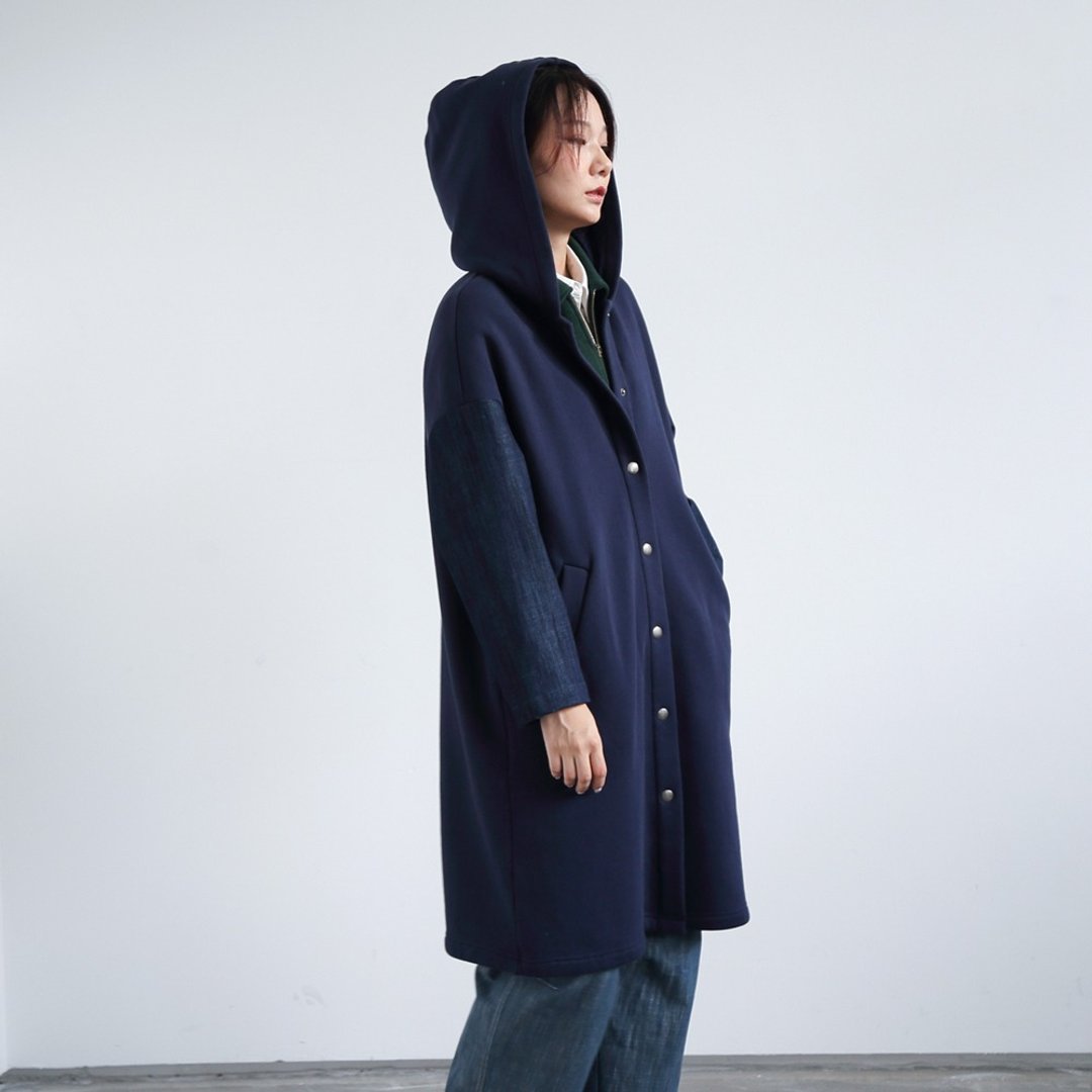 牛仔拼袖長版加厚連帽外套 大衣 帽T O200905 - 女装上衣 - 棉．麻 蓝色