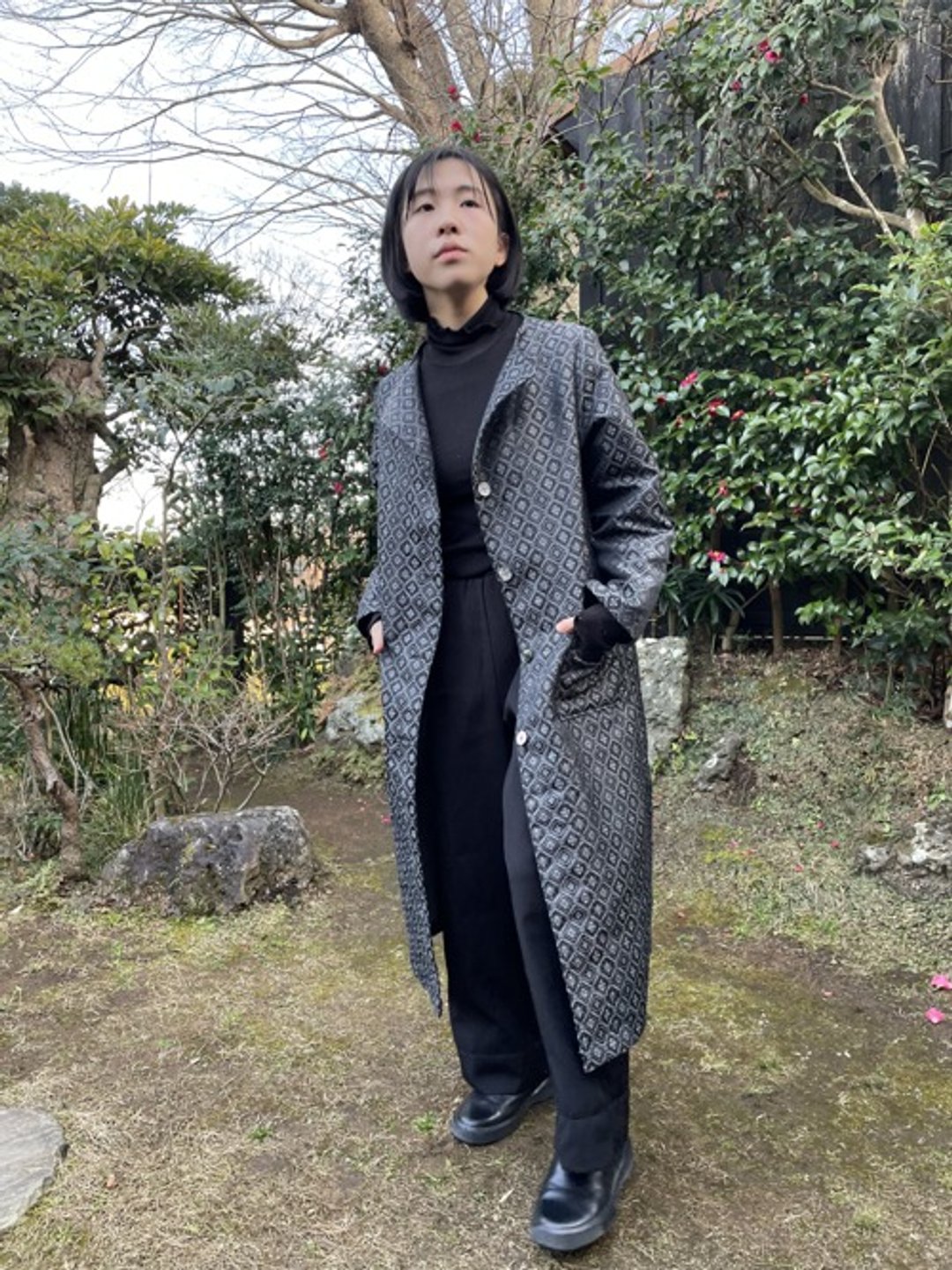 Kimono fabric Spring coat Black and gray Komon - 女装西装外套/风衣 - 羊毛 黑色