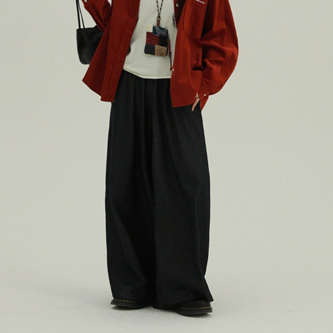深藍色 寬松松緊牛仔褲 休閒百搭舒適簡約直筒褲 闊腿寬褲 - 女装长裤 - 棉 蓝色