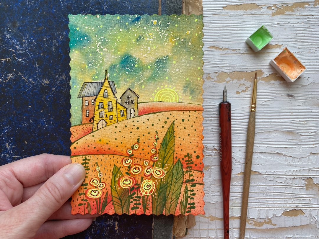 Countryside painting Mini Original watercolor card Small artwork Miniature art - 海报/装饰画/版画 - 纸 多色