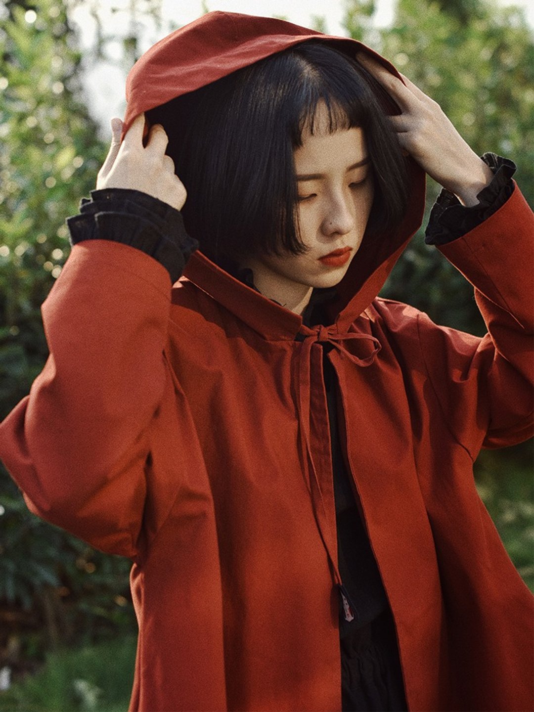 小紅帽 連帽披風鬥篷 大大大風衣 復古文藝少女長款外套 聖誕禮物 - 女装休闲/机能外套 - 棉 红色