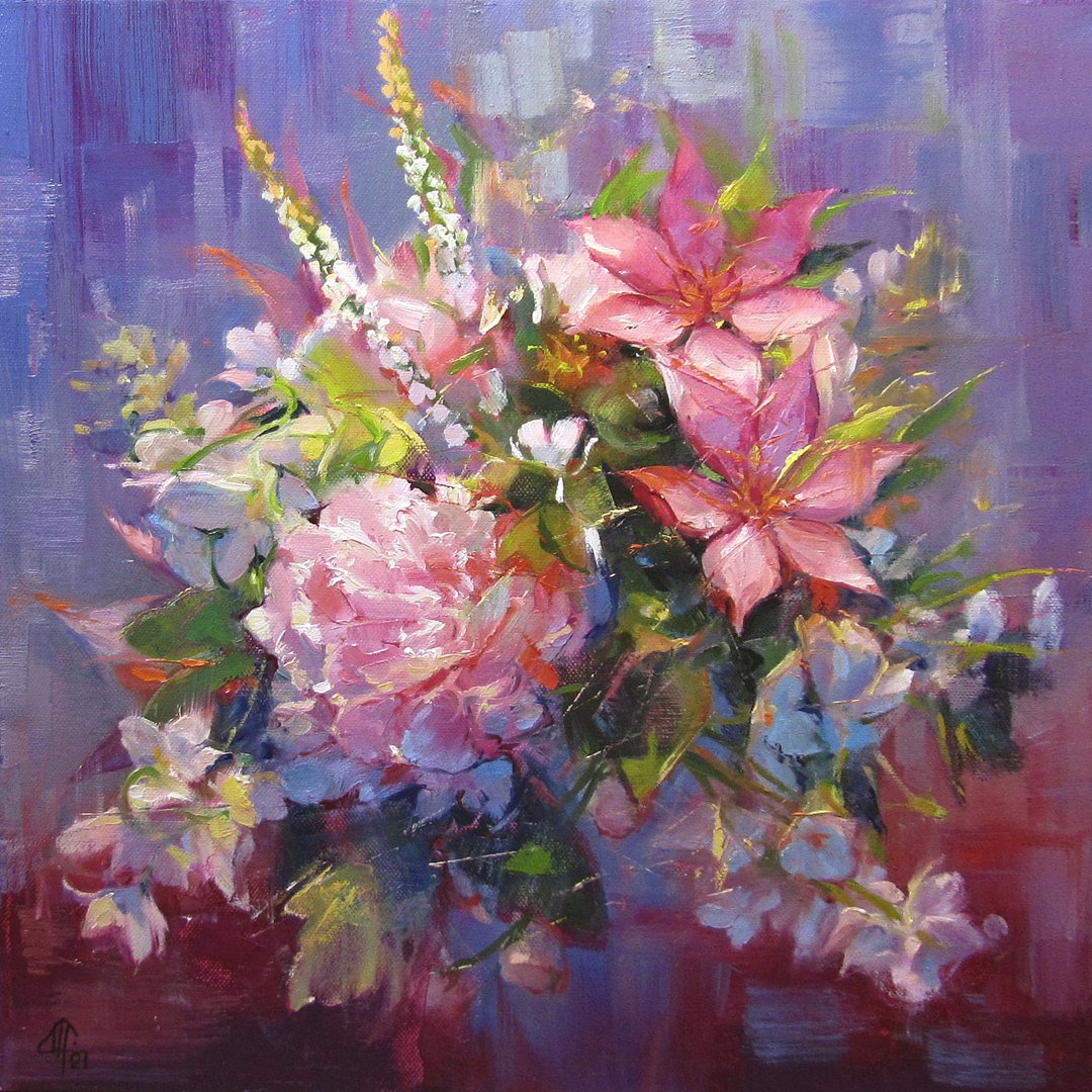 Flowers Original Painting Peony Wall Art Bouquet Original Art Flowers Artwork - 插画/绘画/写字 - 棉 粉红色