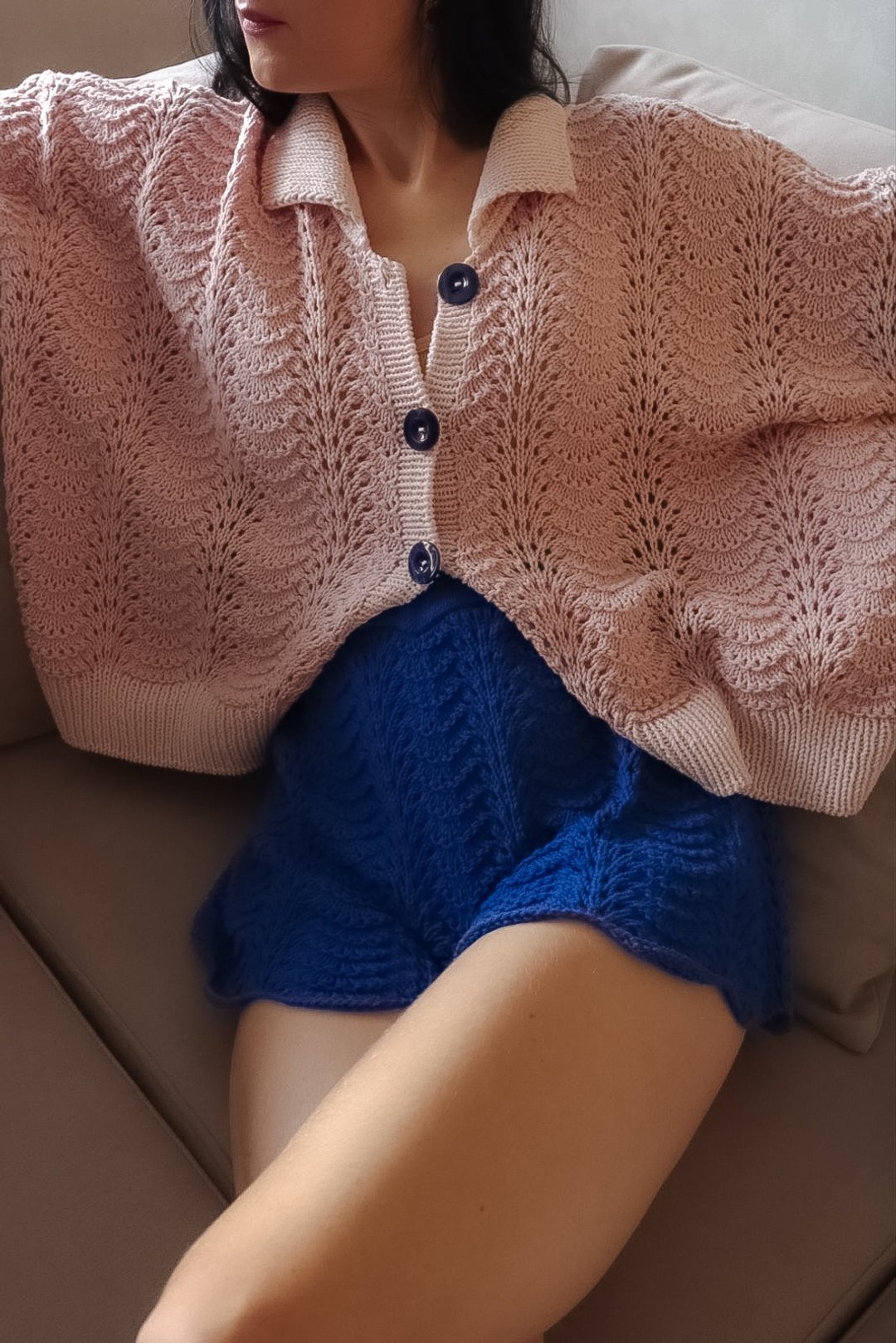 Hand knit shorts for women Lace shorts Cotton shorts in blue - 女装短裤 - 棉．麻 