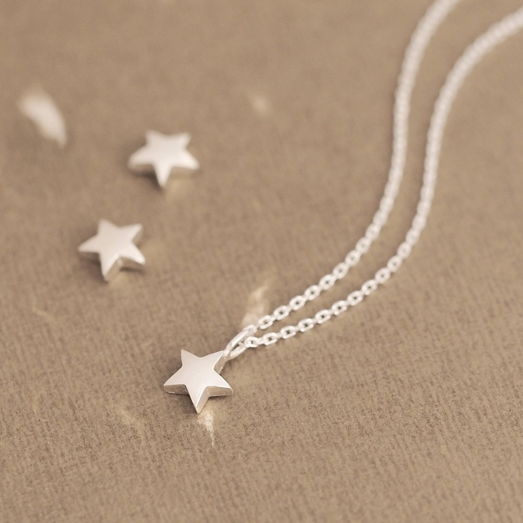 2 pieces set) Mini Star Necklace Earrings Silver 925 - 项链 - 其他金属 银色