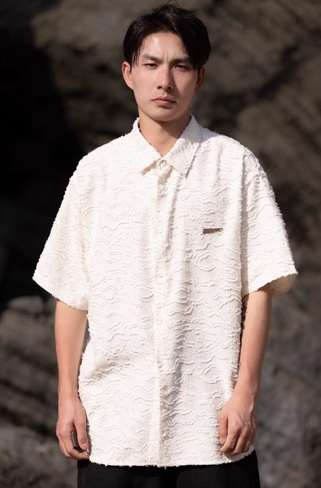 新中式复古 肌理感短袖衬衫 - 男装衬衫 - 其他材质 白色