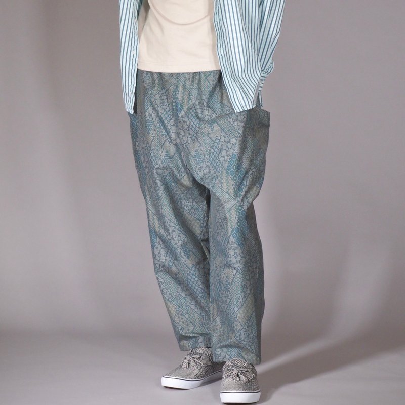 【日本制造】复古和服翻拍、诺拉裤、锥形阔腿裤、均码、宽松裤 - 男士长裤 - 丝．绢 蓝色