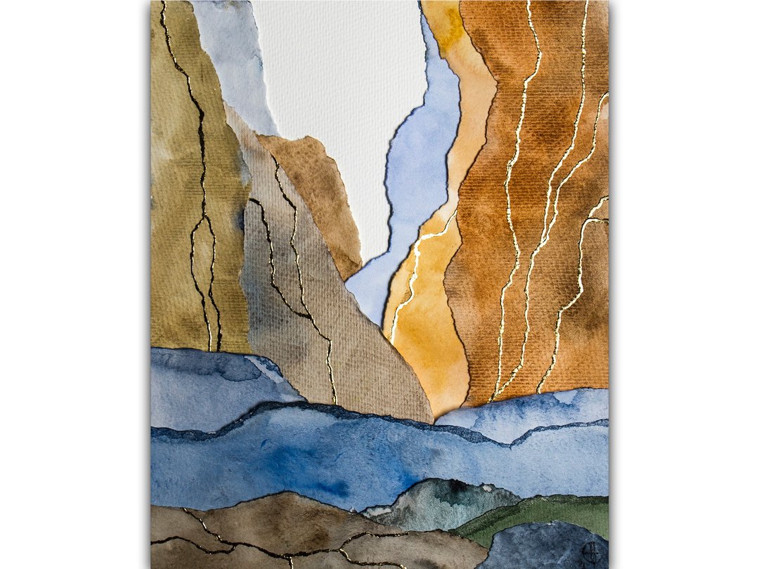 Grand Canyon Painting Original Art Mixed-Media Artwork Collage Technique - 海报/装饰画/版画 - 纸 橘色