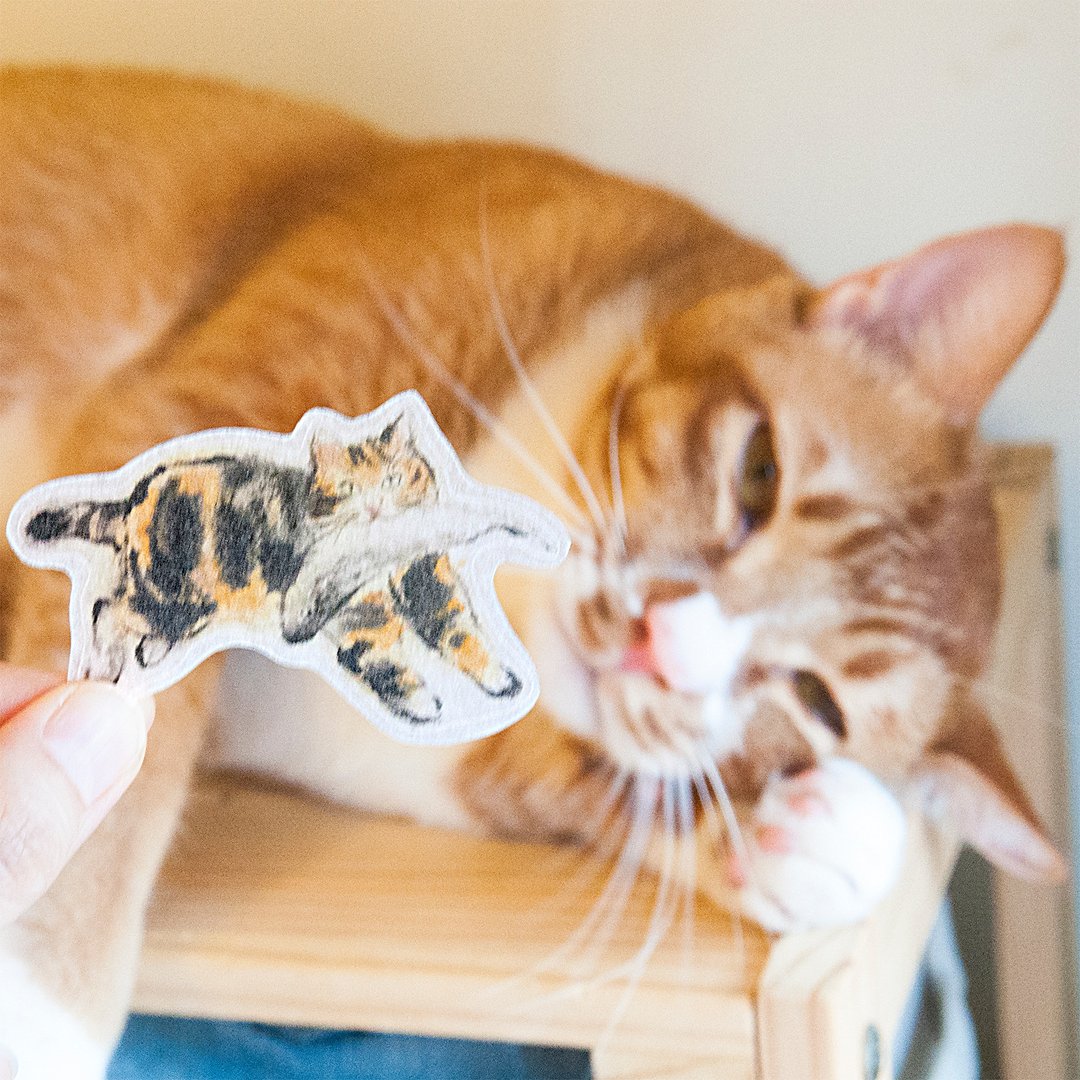 水墨猫咪和纸贴纸 - 叼着鱼的猫 - 贴纸 - 纸 橘色