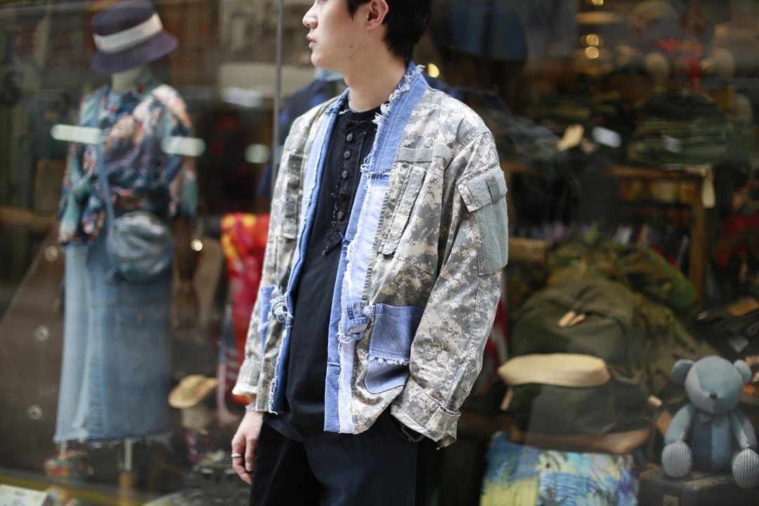 牛仔与数码迷彩合制kimono - 男装外套 - 棉 卡其色