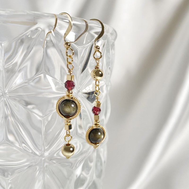 魅惑女巫│黑金曜石耳环 红石榴石 可改夹 - 耳环/耳夹 - 水晶 黑色