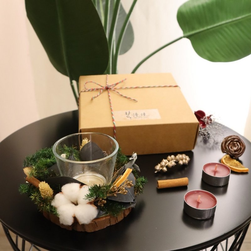 永生花圣诞烛台  附赠森林 莓果茶蜡 圣诞礼物 交换礼物 xmas - 蜡烛/烛台 - 木头 绿色
