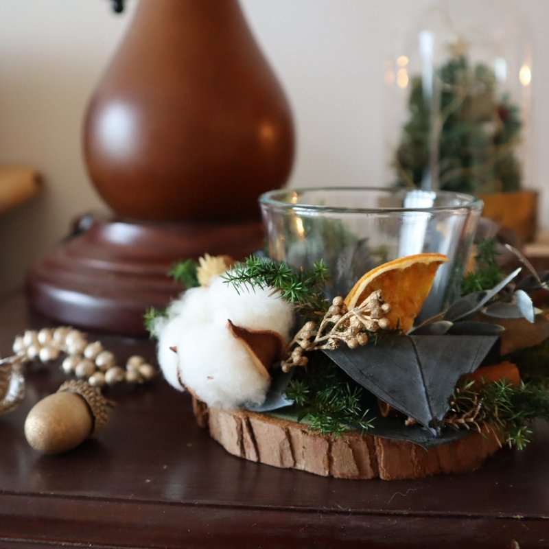 永生花圣诞烛台  附赠森林 莓果茶蜡 圣诞礼物 交换礼物 xmas - 蜡烛/烛台 - 木头 绿色