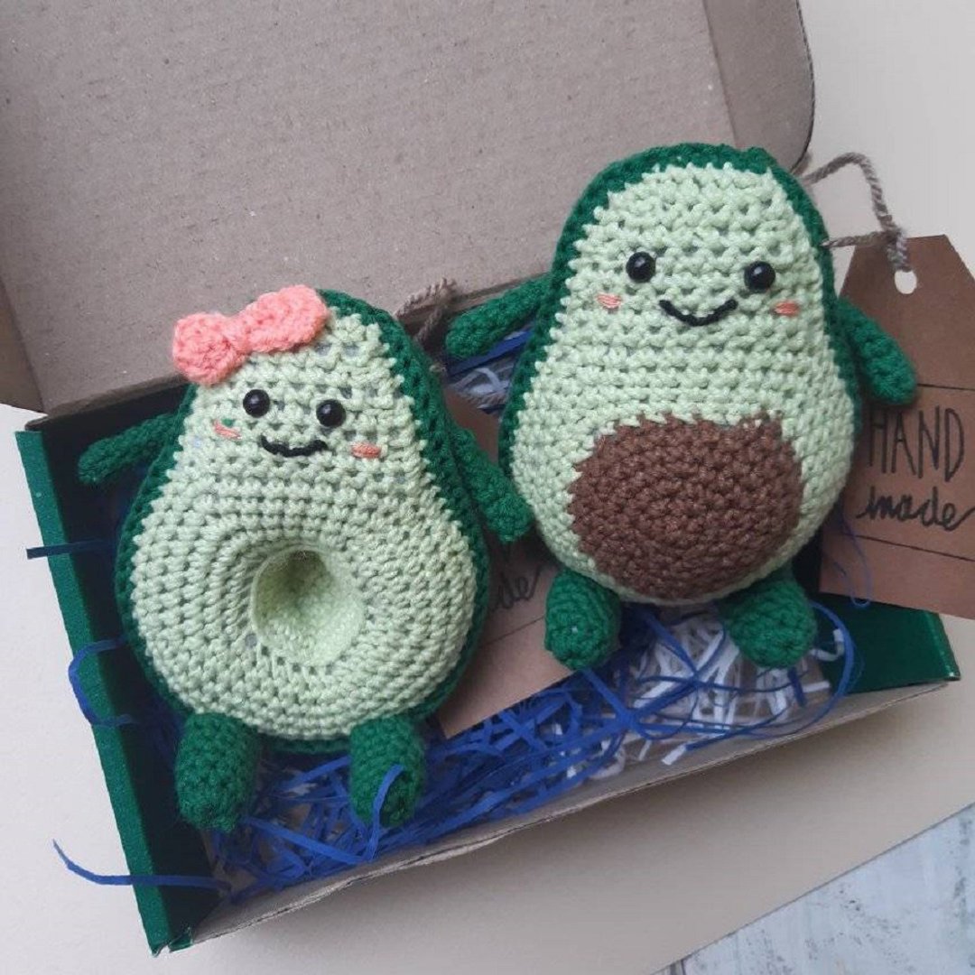 Hand Crochet  Funny Lovers Avocado Set Stuffed Toys Gift for Him Gift for Her - 玩具/玩偶 - 棉 绿色