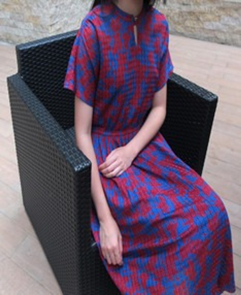 日本古着 酒红宝蓝蕾丝洋装 - 洋装/连衣裙 - 其他材质 