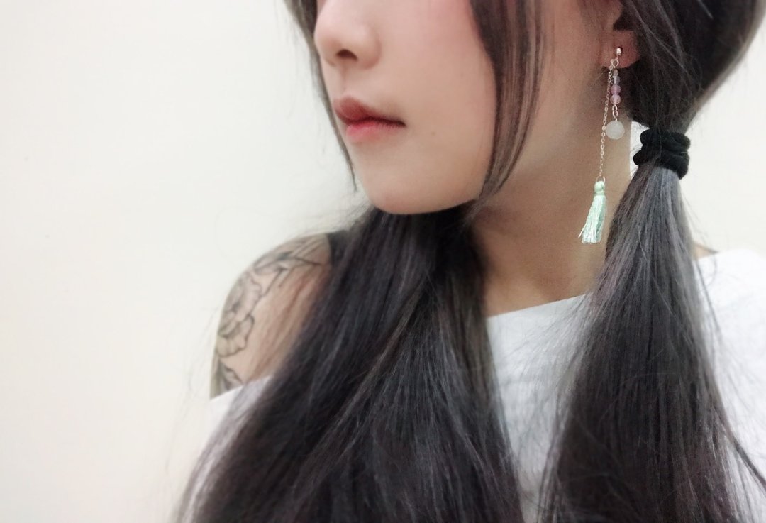 粉绿的天然石串珠润珠银耳环-粉绿系-玥unicorn-925纯银 藏银 礼物 圣诞节 朋友 闺蜜 - 耳环/耳夹 - 宝石 绿色