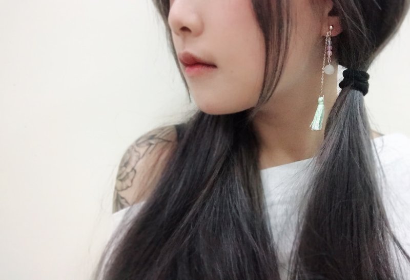 粉绿的天然石串珠润珠银耳环-粉绿系-玥unicorn-925纯银 藏银 礼物 圣诞节 朋友 闺蜜 - 耳环/耳夹 - 宝石 绿色