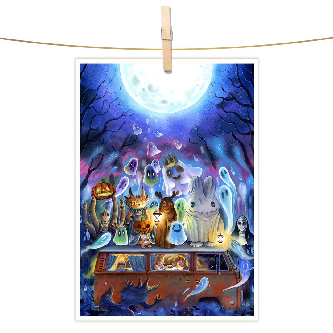 afu水彩插画明信片 - 误闯万圣家族 - 卡片/明信片 - 纸 多色