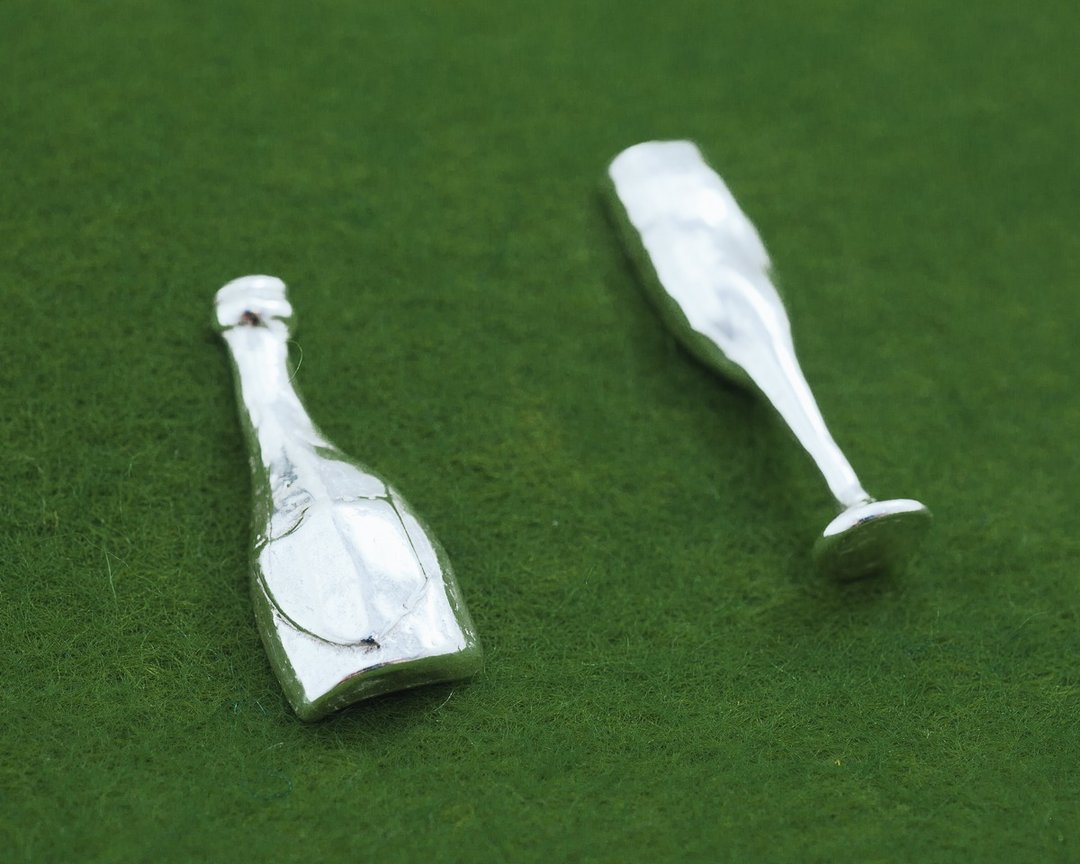 Champagne earrings - Bottle glass - Asymmetrical pierce - post earrings - 耳环/耳夹 - 其他金属 银色