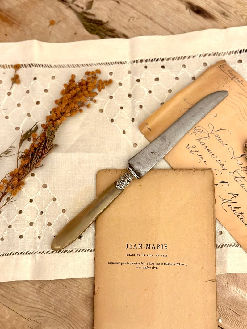 30695-绝美罕见法国古董牛角柄碳钢刃餐刀 - 餐刀/叉/匙组合 - 其他材质 