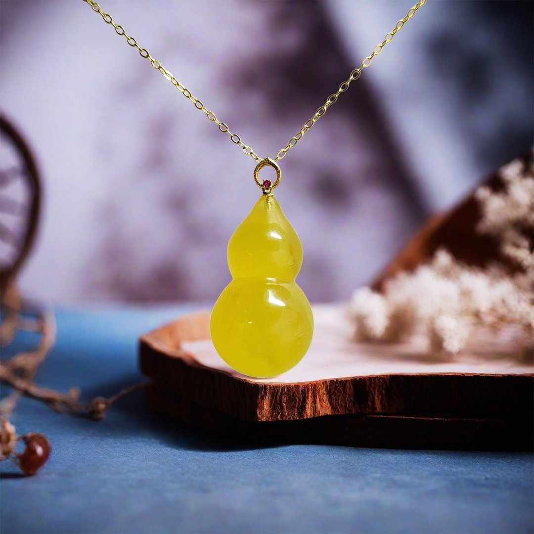 天然金绞蜜立体福禄吊坠不含项链 18K 金头 葫芦意境蜜蜡 - 项链 - 半宝石 黄色