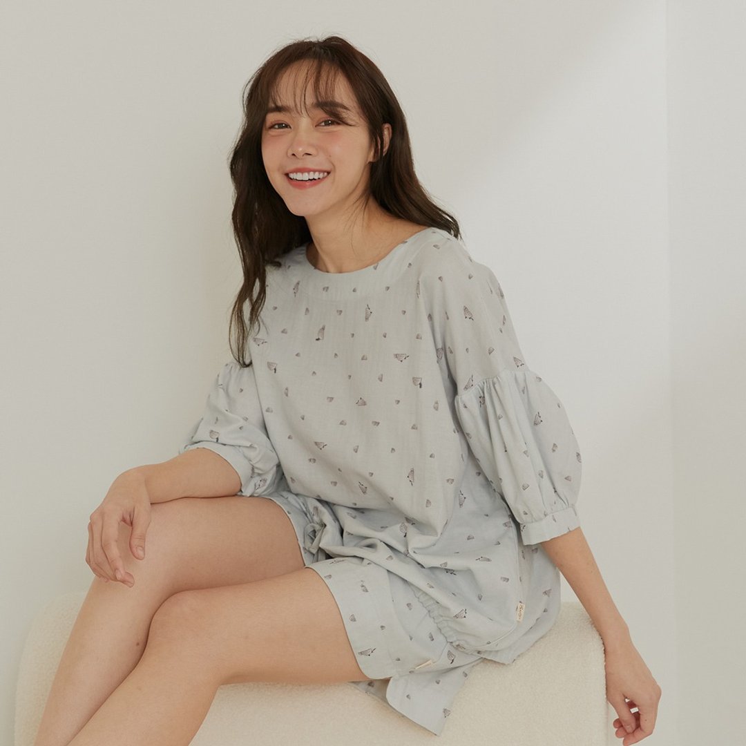 完售】二重纱印花宽版公主袖居家服套装(短裤)-雾蓝灰-胶原蛋白纱 - 居家服/睡衣 - 棉 灰色