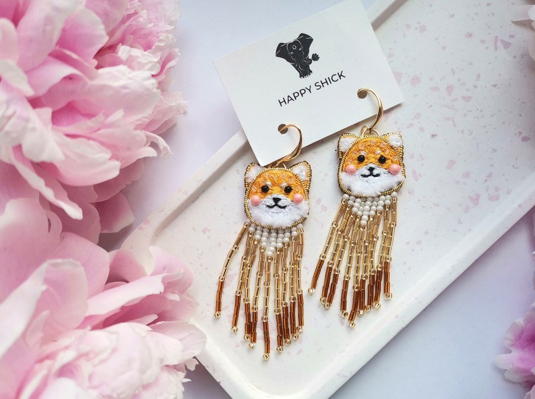 Shiba inu earrings beaded, shiba inu jewelry - 耳环/耳夹 - 玻璃 橘色