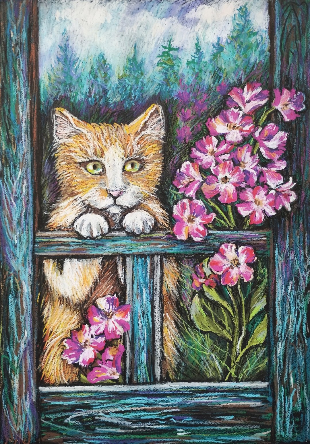 红猫艺术画油画蜡笔动物画弗洛雷斯艺术夏季的肖像 - 墙贴/壁贴 - 纸 绿色