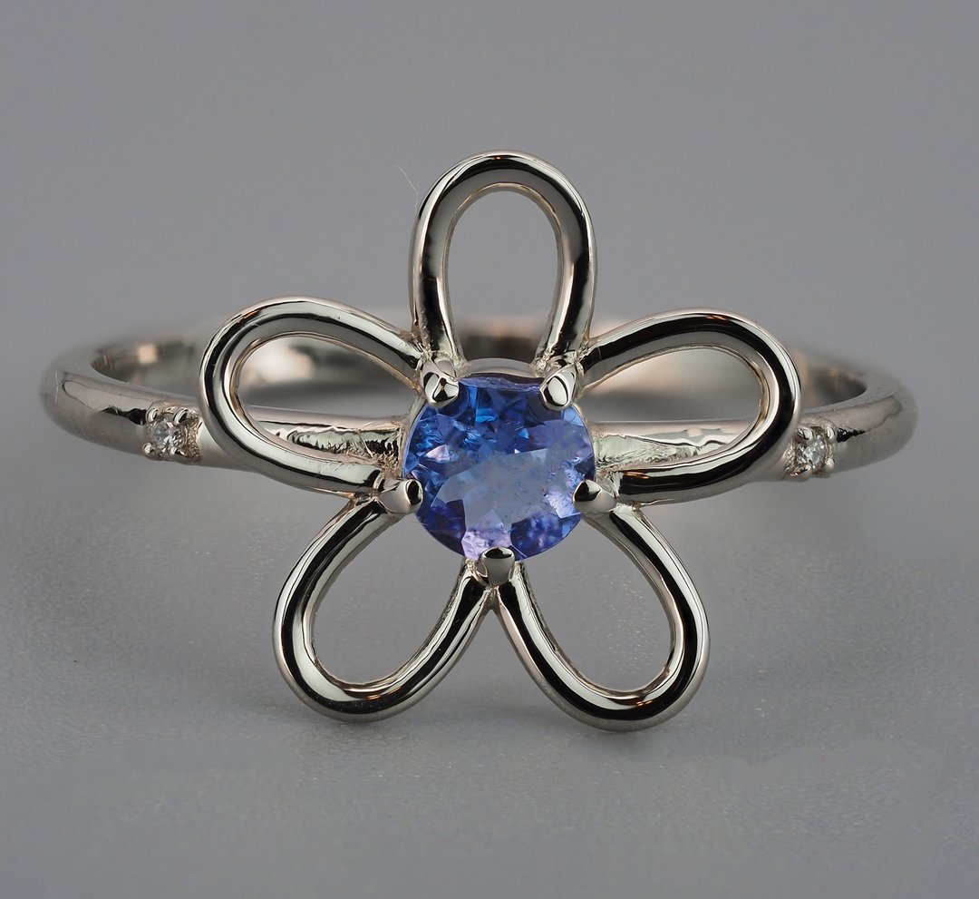 14k gold Flower ring with tanzanite and diamonds. - 戒指 - 贵金属 金色