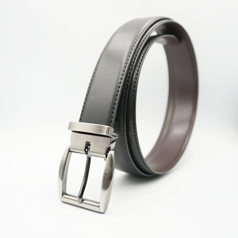 35mm 真皮休闲针扣皮带 黑色/白色发丝纹皮带扣 素面车缝边 - 皮带/腰带 - 真皮 