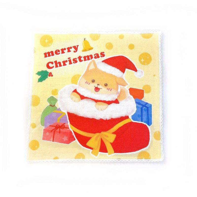 【圣诞礼物】纯棉100% MIT不掉色::插画小方巾-狗狗圣诞袜 - 手帕/方巾 - 棉．麻 黄色