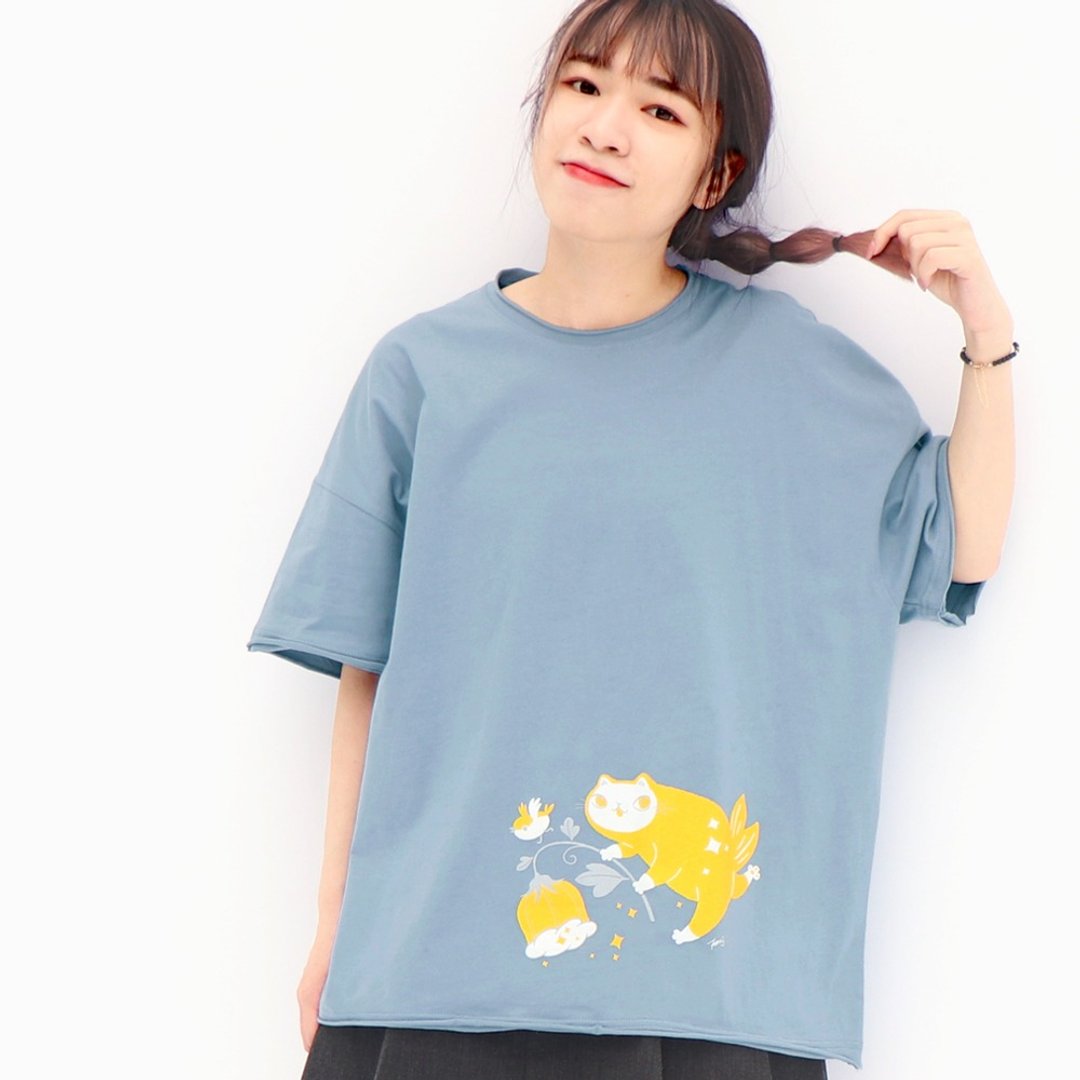 夜游森林 - 中性宽版上衣 one size 台湾制 - 女装 T 恤 - 棉 蓝色