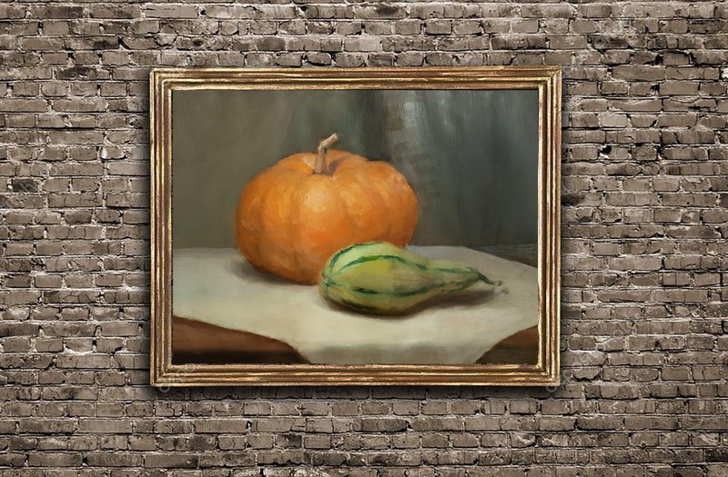Still Life Painting Pumpkin Original Art Vegetable Wall Art Oill Painting - 墙贴/壁贴 - 其他材质 橘色