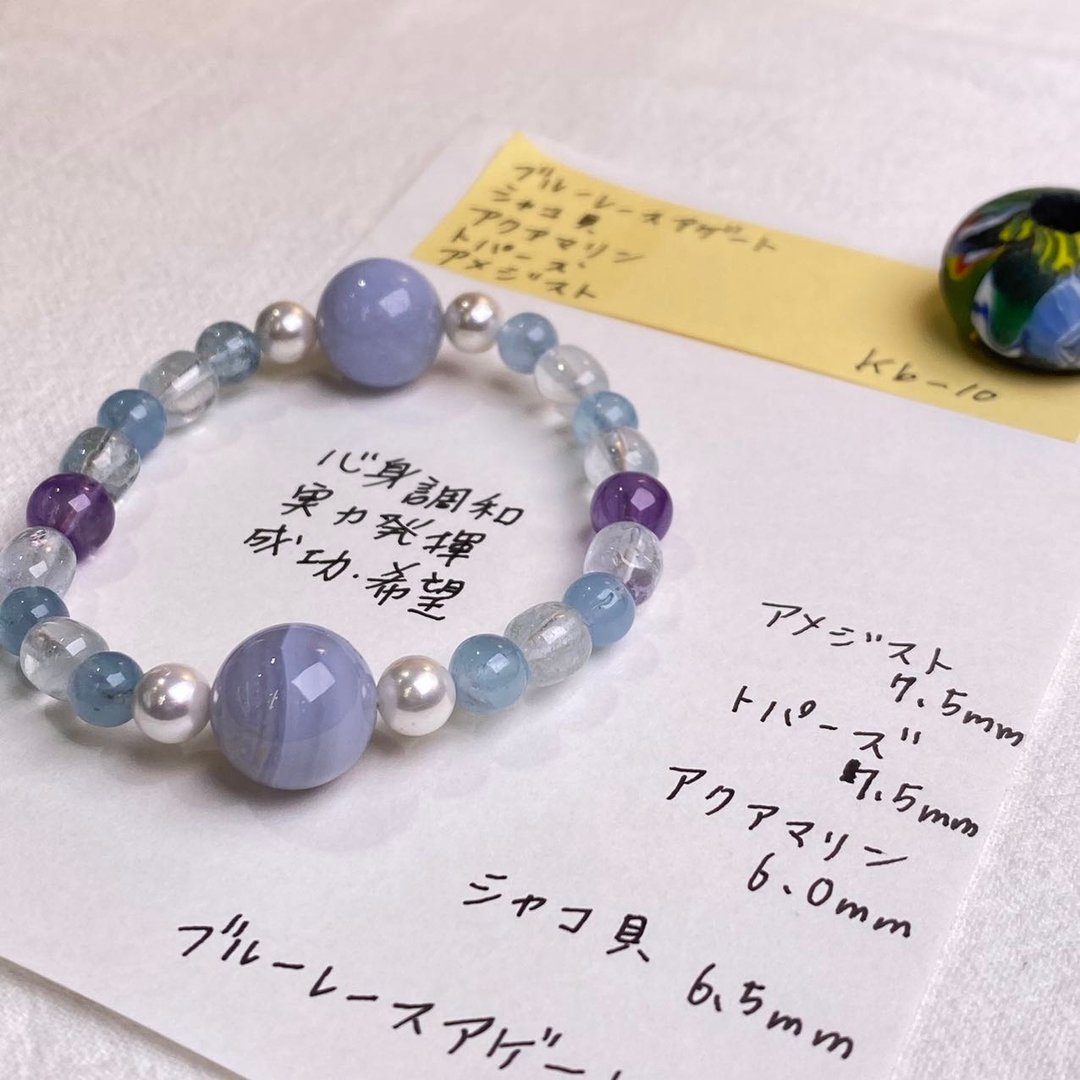 蓝纹玛瑙 海蓝宝 紫晶 天然矿石 能量 手作礼物 日本制 水晶手链 - 手链/手环 - 水晶 蓝色