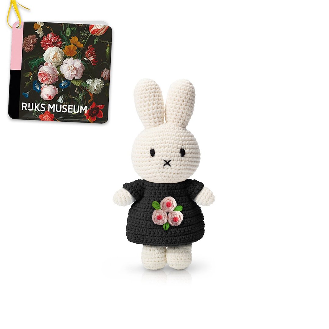荷兰Miffy米飞兔【miffy荷兰美术馆联名小花黑洋装】手工纯棉娃娃 - 玩偶/公仔 - 棉．麻 黑色