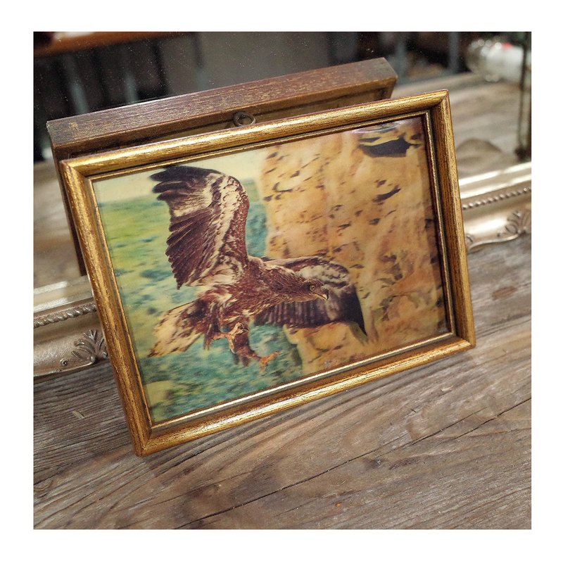 (暂客订)收藏自西班牙老件.猎鹰老鹰3D图.金漆轻质木头小相框 - 墙贴/壁贴 - 木头 