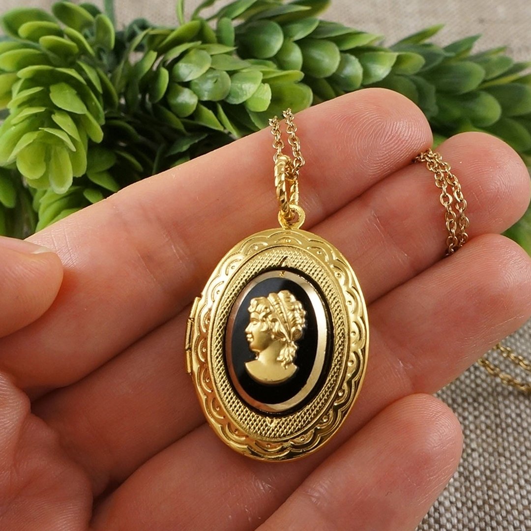 Golden Black Vintage Glass Girl Lady Cameo Photo Locket Pendant Necklace Jewelry - 项链 - 玻璃 金色
