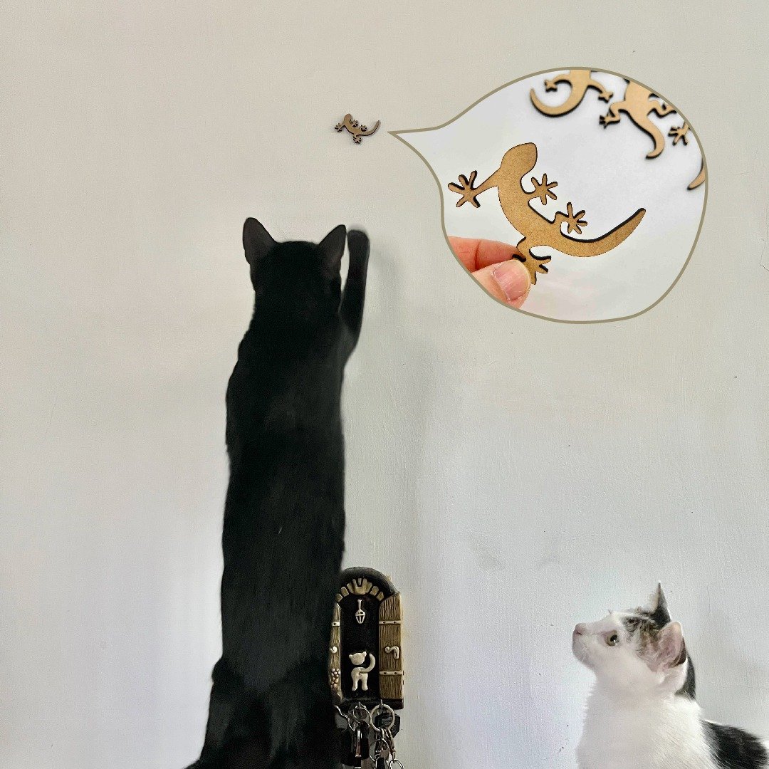 猫咪玩具逗猫纾压趣味雷雕木壁虎(含四只壁虎+无痕黏土) - 玩具 - 木头 卡其色