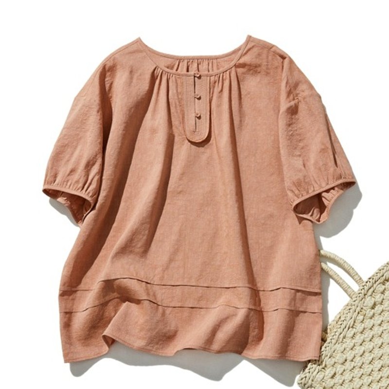 棉麻质感 夏日透气半袖罩衫 简约风格 慵懒百搭 栌色　240616-3 - 女装上衣 - 棉．麻 