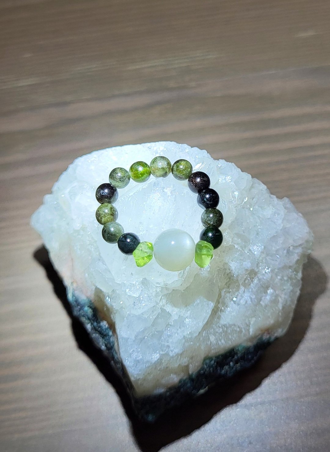 •夜之精灵• 绿月光×绿橄榄石×黑玫瑰碧玺 设计款戒指 - 戒指 - 水晶 绿色