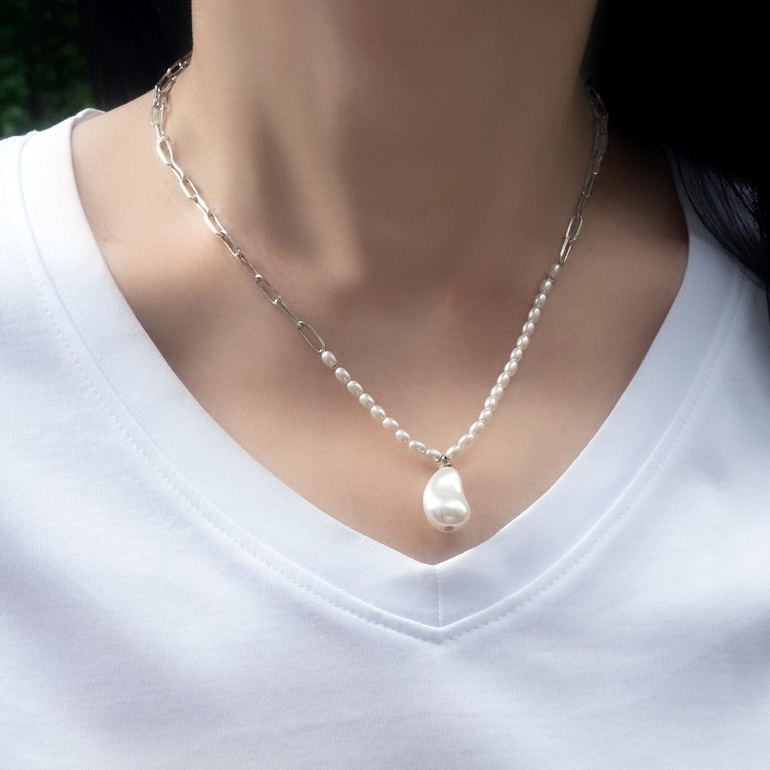 摩登不对称珍珠之美 - 项链 - 水晶 白色