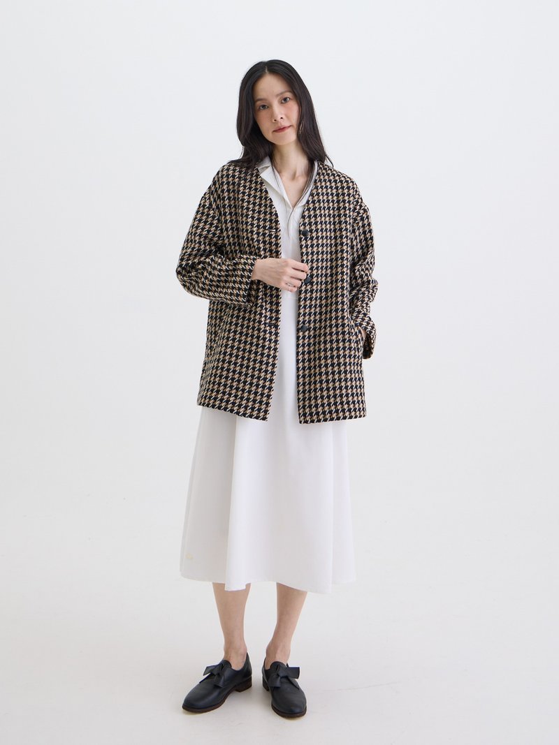 米兰达V领立裁外套-卡其千鸟 - 女装休闲/机能外套 - 羊毛 卡其色