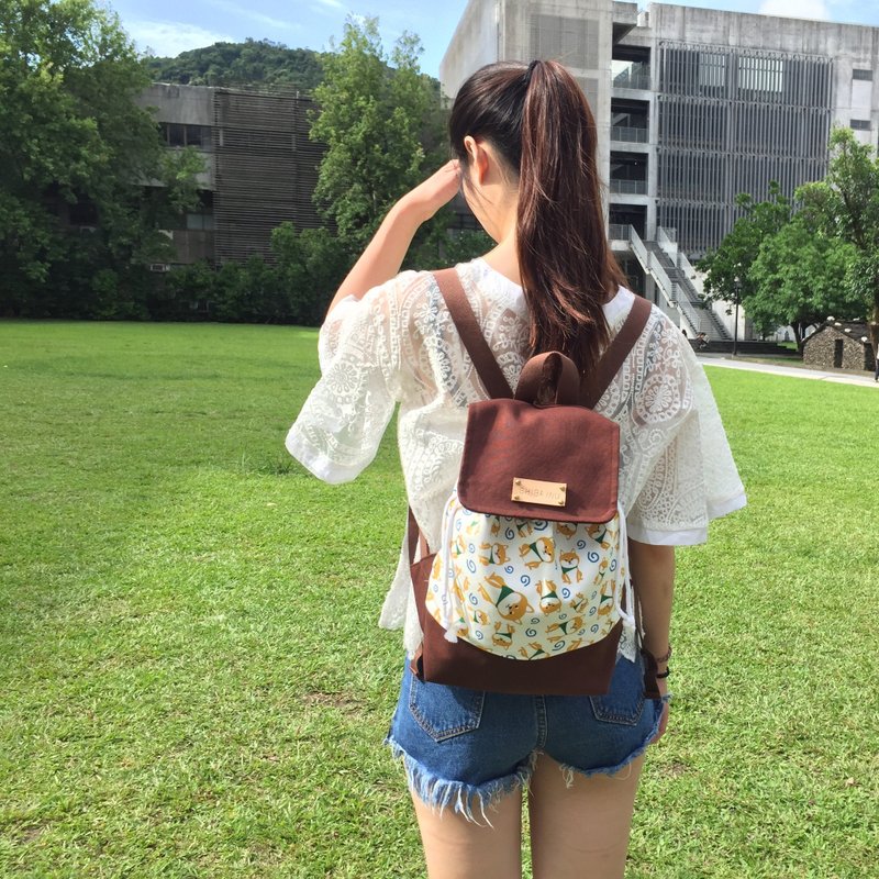 当柴柴儿遇上咖啡后背包/赠送免费打印名字皮标 - 后背包/双肩包 - 棉．麻 咖啡色